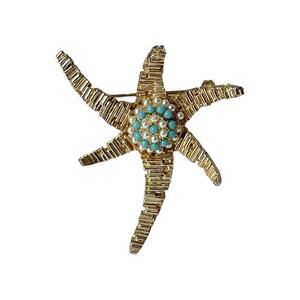 1960's Gold Plate Faux Seed Pearls Turquoise Beads Star Starfish Brooch Pin
